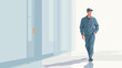 © ca - A digital illustration depicting a man in a blue work uniform and cap walking down a bright, minimalist hallway. The style is clean and simple with a focus on the figure against a light background.