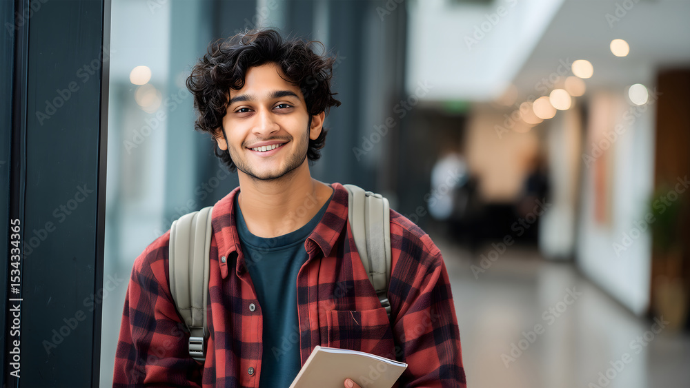 Smiling young Indian male student at a university lobby Stock Photo ...