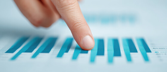 Poster - Finger touches digital screen displaying blue bar graphs, indicating data analysis and interaction