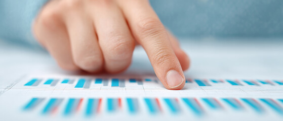 Poster - Hand points at financial chart with blue and red bars, indicating analysis
