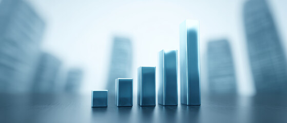 Poster - Series of ascending blue 3D bar graphs on blurred cityscape background