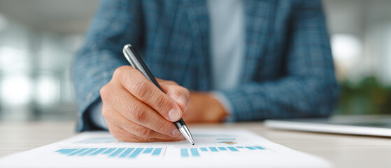Poster - Person in suit is writing on document with charts, indicating business analysis