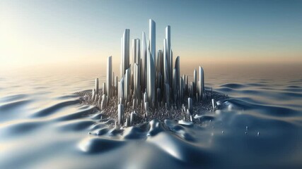 Poster - A city of chrome rising from the ocean waves in the center of the frame, surrounded by calm waters, with buildings reaching into the sky. The city is transformed from liquid metal
