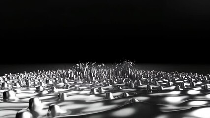 Aufkleber - A chrome city rises from an ocean of liquid metal, surrounded by a black background, with a fluid design, hyper-realistic water and buildings.