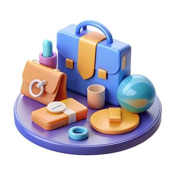 3d rendered office supplies and accessories arranged on a minimalist circular platform