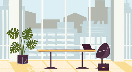 Poster - Cartoon Color Laptop on Desk in Office Interior Inside Concept Flat Design Style . Vector illustration of Company Space