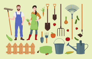 Poster - Cartoon Color Characters People Farmers and Equipment Concept Flat Design Style. Vector illustration of Vegetable, Bucket, Pitchfork and Fence