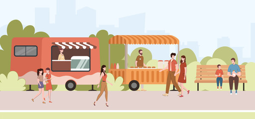 Poster - Cartoon Color Coffee and Burger Street Food Cart in Park Concept Landscape Scene Flat Design Style. Vector illustration