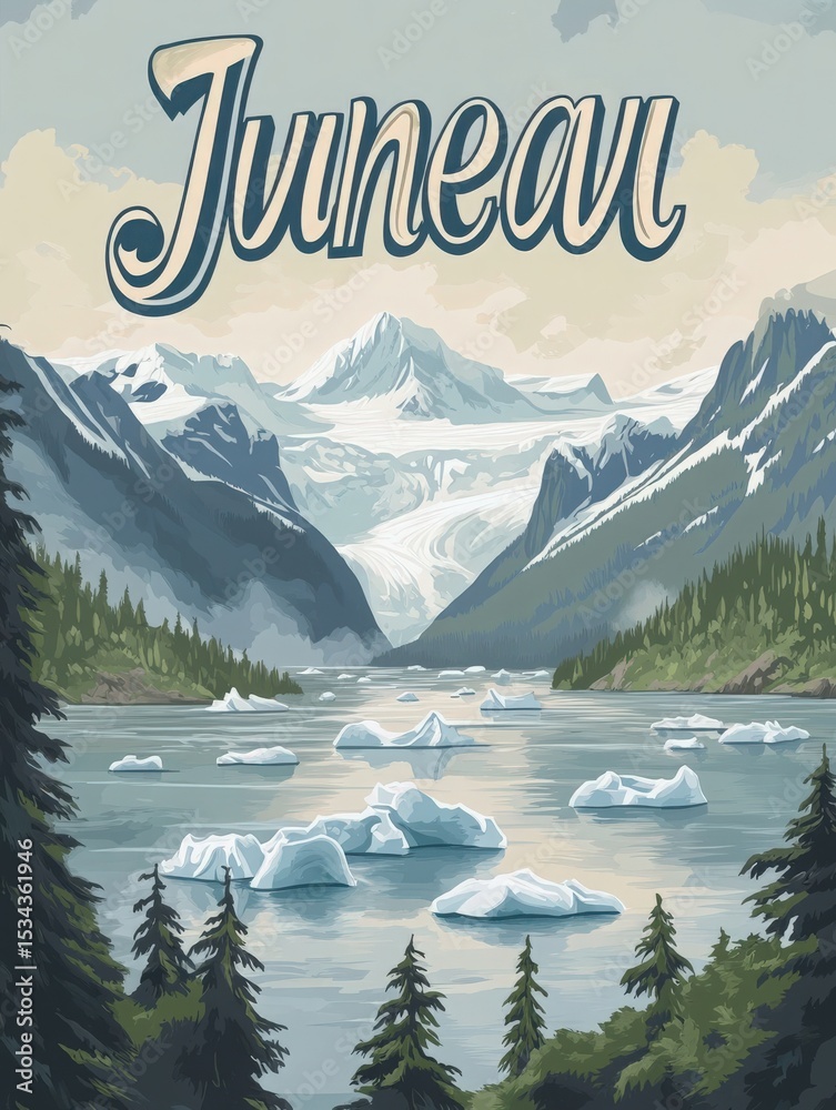 Snow-capped mountains surround a serene body of water filled with icebergs. Evergreen trees line the shore, creating a peaceful yet stunning landscape that embodies the essence of Juneau.