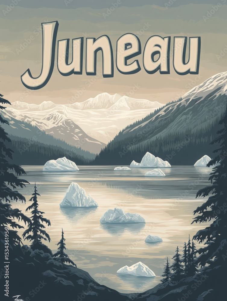 This picturesque landscape features the serene waters of Juneau, with floating icebergs under a dramatic sky. Towering mountains surround the scene, reflecting the natural beauty of the region.