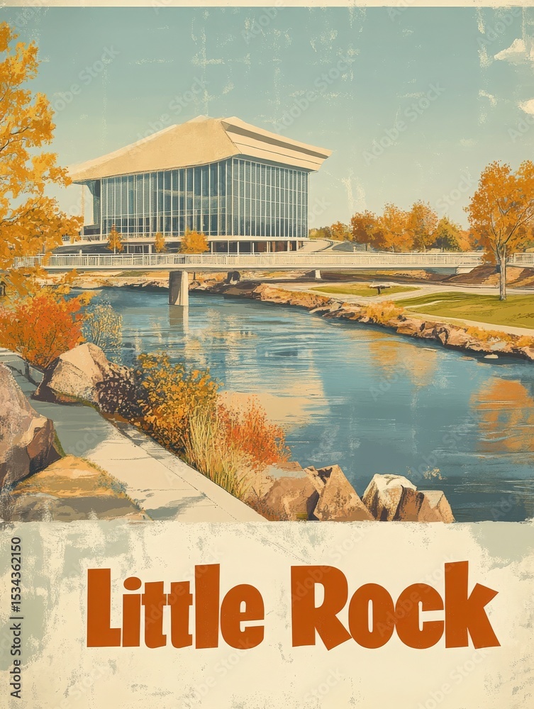 A serene autumn landscape showcases Little Rocks vibrant riverfront.