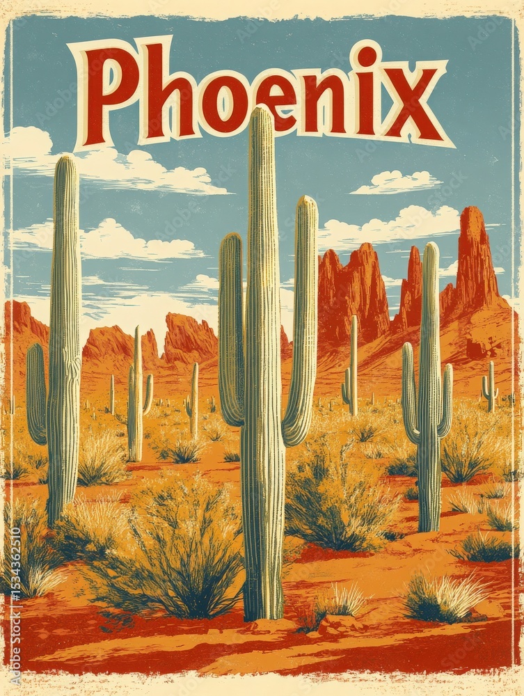 Vibrant desert landscape showcases towering cacti with a backdrop of rugged mountains under a blue sky. The warm earth tones highlight Phoenixs unique natural beauty.