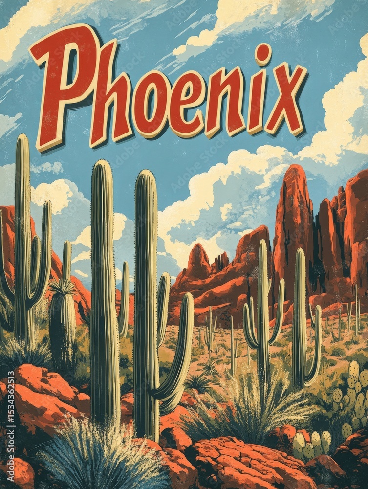 A vibrant desert landscape in Phoenix showcases tall cacti and dramatic red rock formations under a blue sky adorned with fluffy clouds. The scene highlights the natural beauty of the region.