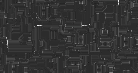 Poster - circuit board texture background, seamless pattern. white lines and dots on black background. vector