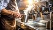 © Veenat - Professional Barista Preparing Coffee with Steam on Espresso Machine