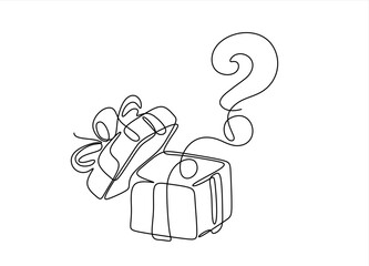 Poster - Continuous One line drawing of open gift box and question mark. Hand drawn one line vector. Editable stroke