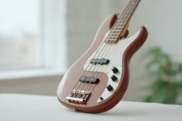 Poster - close-up of bass guitar strings and body with people in soft focus creating artistic bokeh in background