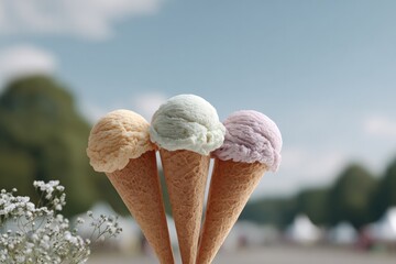 Poster - collection of colorful ice cream cones in focus blurred people enjoying national ice cream day in background