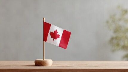 Poster - minimalistic photo of small canadian flag on wooden table in soft sunlight