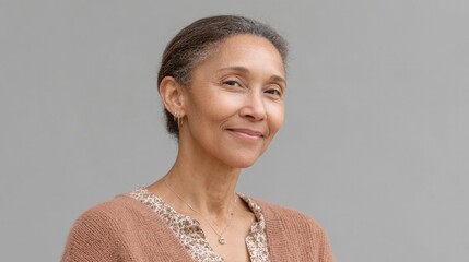Poster - capture close-up portrait of volunteer with warm genuine smile against plain background featuring ample copy space