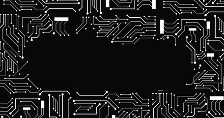 Poster - circuit board texture background, seamless pattern. white lines and dots on black background. vector