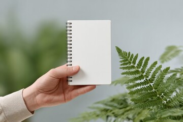 Poster - close-up of person holding blank notebook outside minimalistic scene with abundant natural light
