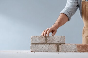 Poster - bricklayer hand meticulously positioning single brick with neutral background creates minimalistic s