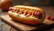 © Viktor - Delicious hot dog with mustard and ketchup topping on bun, served on wooden board. Fast food snack with sausage. Perfect for lunch, dinner, bar-b-q or tailgate.