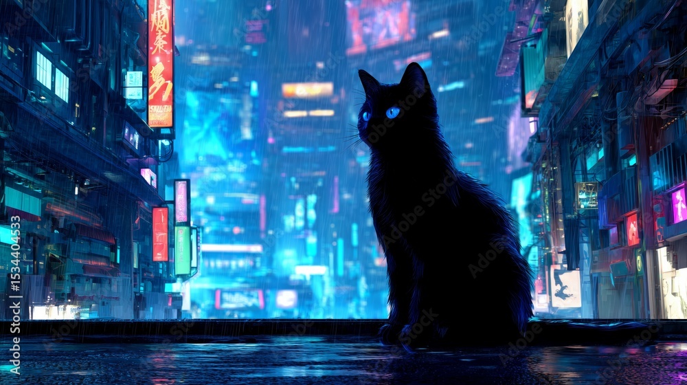 black cat with blue eyes on rainy neon city rooftop with glowing lights ...