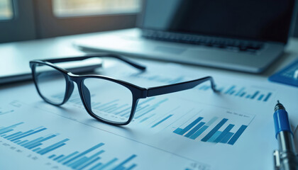 Poster - Financial stock market data graph with glasses on business document. Analysis reports, charts, diagrams, strategy planning. Finance, investment, trading, banking concept. Closeup office desk, digital