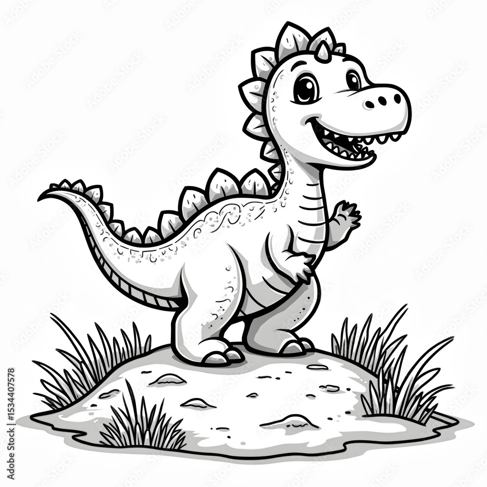 Adorable cartoon dinosaur coloring page. Happy dinosaur stands green ...
