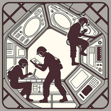 Three people working in a futuristic space command center. Team operating advanced technology and computers for mission control.