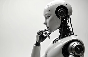 Poster - White humanoid robot with thoughtful expression on isolated white background. Artificial intelligence robot android machine. High tech cybernetic head, hands. AI in tech concept of futuristic