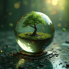 Poster - Digital sphere with tree inside, tech eco-friendly computing. Concept represents nature, technology merging. Green practices, environmental conservation highlighted. Conceptual image with plant,