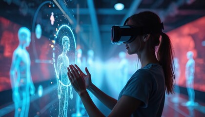 Poster - Woman wearing VR headset interacts holographic avatars on large screen. Futuristic digital interface showing advanced virtual reality tech, human body model. Innovation, artificial intelligence,