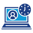 © sahila - Online Schedule Dual Tone Color Fill Silhouette Icon - Laptop with clock and trainee avatar shows online or remote training sessions with scheduled timing