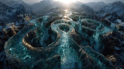 Glacial meltwater channel background with turquoise braided streams on ice field, climate change visual for documentary and environmental campaign.