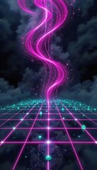 Poster - Abstract digital background design featuring neon pink waves over grid and clouds