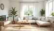 © Bima Akbar - Cozy Living Room with Neutral Sectional Sofa, Round Jute Rug, Large Window, and Indoor Plants, creating a Relaxing Space