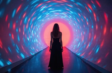 Poster - Woman stands illuminated tunnel with vibrant red, blue lights. Installation art, immersive experience. Digital display, futuristic environment, urban art. Modern design, creative innovation, tech