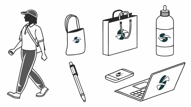 Black and White Line Art Illustration of Everyday Branded Objects Person Walking Tote Shopping Bag Bottle Pen Phone Laptop Sustainability Logo