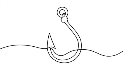 Fishing hook continuous one line drawing illustration. Hook fisherman's equipment icon. Continuous one line fishing hook icon concept. 