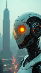 Poster - Futuristic cyborg cityscape orange glowing eye. Cybernetic robot with city landscape background, AI technology in architectural setting. Sci-fi theme, digital art illustration.