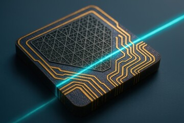 Aufkleber - Futuristic Microchip Design with Geometric Patterns and Illuminated Circuitry