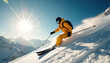 © Viktor - Skier descends snow-covered mountain slope under high sun. Man wearing yellow ski suit, helmet, goggles. Winter sport activity, active lifestyle, speed, movement, cold weather. Scenic nature with