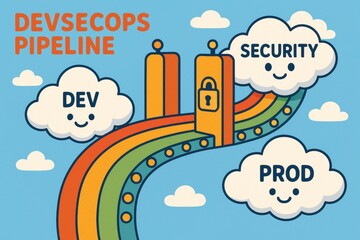 Poster - Illustration of a DevSecOps Pipeline Featuring Development, Security, and Production Stages with a Colorful Rainbow Path
