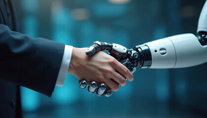 Poster - Human hand and robot hand shake. Business partnership, AI tech in digital age. Teamwork, collaboration, future of tech, innovation in workplace. AI, automation and digital transformation concept.