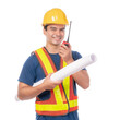 © suphaporn - male construction worker wearing safety helmet reflective vest holding rolled blueprint , walkie-talkie, professional engineer or foreman communicating at work site isolated on transparent background