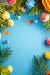 © Monty - Colorful Tropical Decorations With Paper Ornaments and Butterflies Arranged on a Bright Blue Background for a Summer Celebration or Party