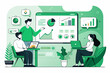© an - Teamwork business workshop, people analyzing graphs on large screen with icons, green color palette, office collaboration, project planning, vector illustration of corporate strategy.
